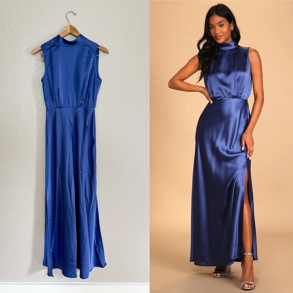 NWOT Elegance Blue Satin Sleeveless Mock Neck Maxi Dress - Picture 1 of 8